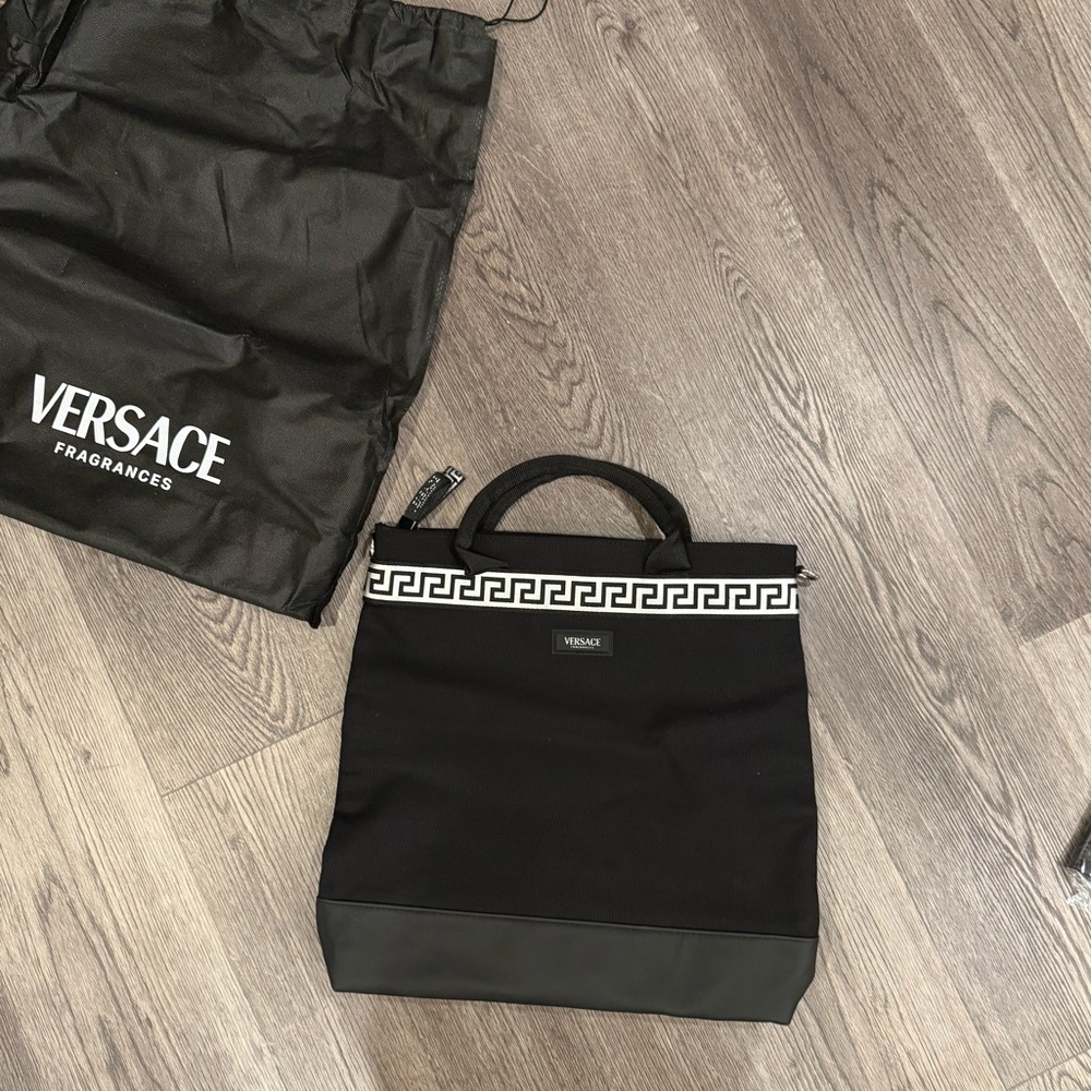 VERSACE Fragances big canvas mix leather tote bag